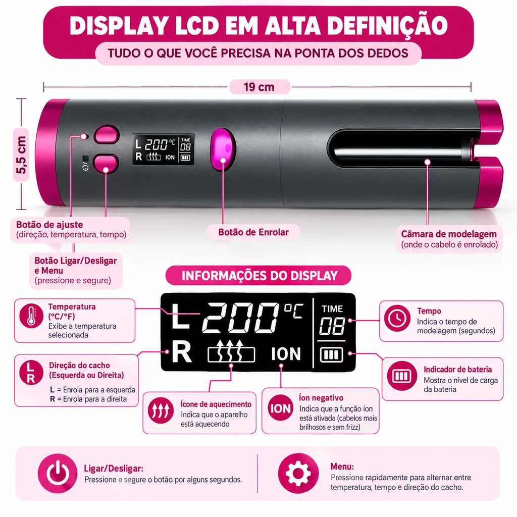 Modelador de Cachos Automático Sem Fio – Recarregável (AS CORES SÃO ENVIADAS ALEATORIAMENTE, CONFORME DISPONIBILIDADE EM ESTOQUE)