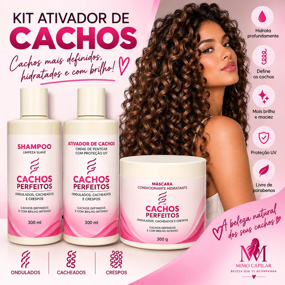 Kit Cachos Perfeitos 3 Etapas – Hidratação, Definição e Brilho | 3x300g