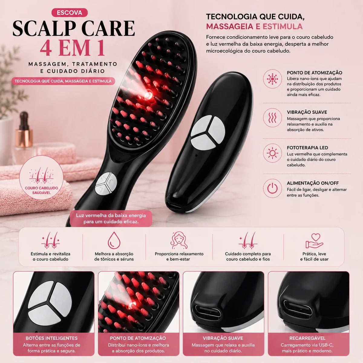 Escova Scalp Care 4 em 1 – Massagem e Tratamento Capilar